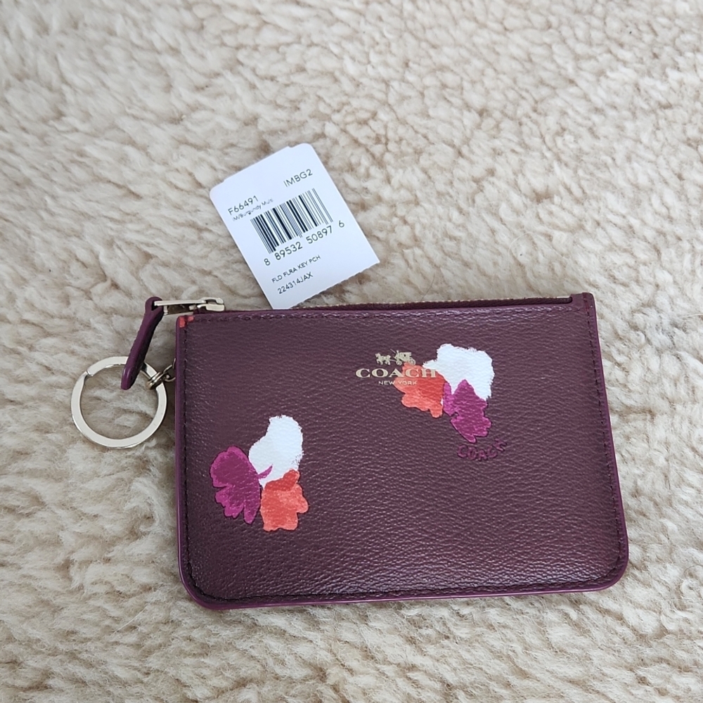 NWT Coach Floral Burgandy Leather Key and Coin Pouch 🧡🎁🔑🩷💜